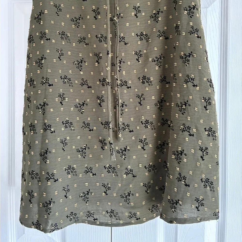 Kirious Mini Dress L Olive Green Floral Ruffle Strap Tie Front Boho Cottagecore